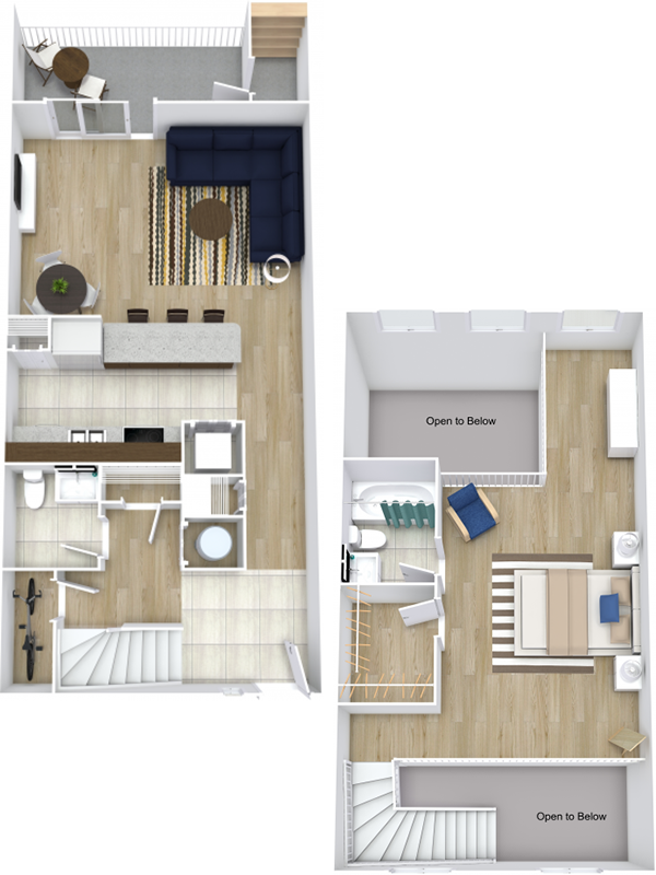 Floor plan for 1 bed, 1.5 baths, 975 sqft